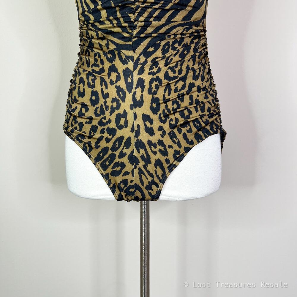 Dior | Vintage Animal Print Brown Black Open Back Ruched One Piece Swimsuit 8 - Picture 4 of 9